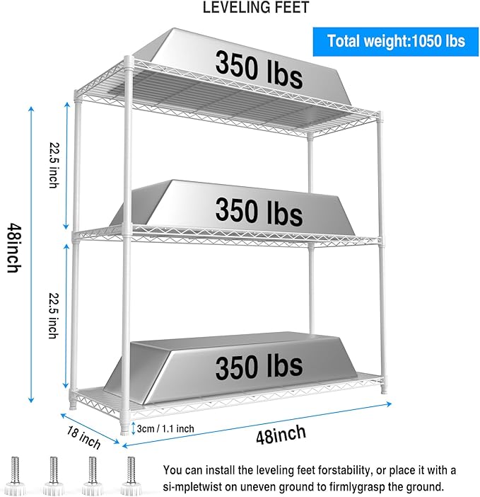 3 Tier NSF Wire Shelf Shelving Unit, 18 x 48 x 48 Inch 1050lbs Capacity Heavy Duty Adjustable Storage Metal Rack with Leveling Feet & Shelf Liners, Ideal for Garage, Kitchen, Office and More - White