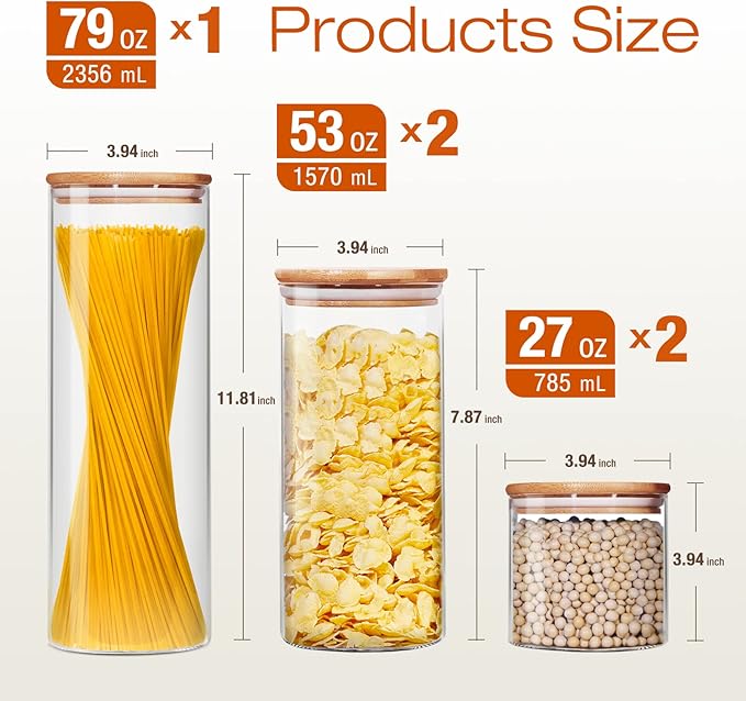 Glass Jars with Bamboo Lids [Muti Size Set of 5], Glass Canisters with Airtight Lids, Glass Food Storage Containers for Pasta, Oats, Coffee, Flour, Sugar, Rice, Best for Kitchen & Pantry-NeatNest