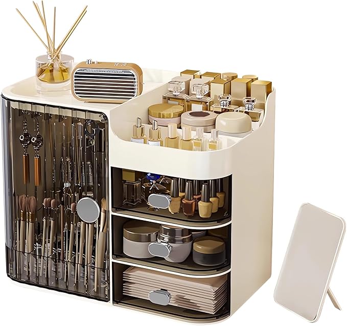 DASITON Makeup Organizer for Vanity,Large Capacity Makeup Storage Organizer with 3-Layer Drawers and Mirror,Cosmetics Display Case Make up Organizers for Vanity,Bedroom,Countertop(Black-Cream)