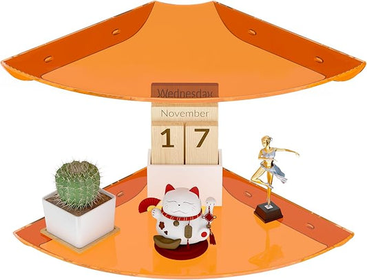 9.5x9.5 Inch Acrylic Corner Floating Shelf Set of 2, Orange Corner Wall Shelf for Home Décor, Speakers, Security Cameras, Toileries, Plants, Figures, Cosmetics, Books