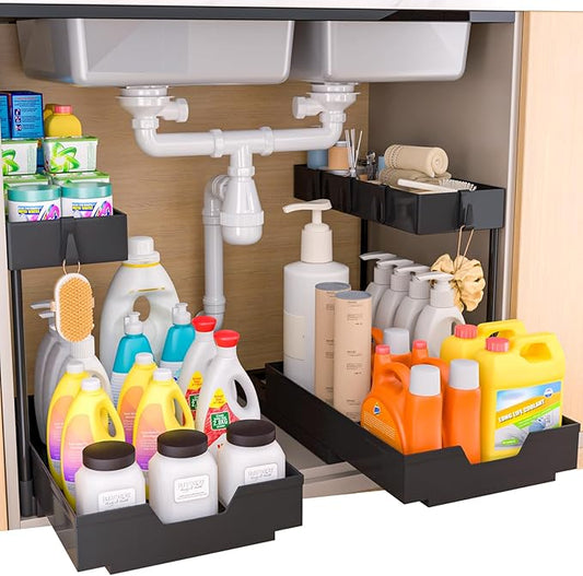 2-Tier Under Sink Organizers 2 Pack Sliding L-shape Cabinet Organizers Narrow Space Storage Shelves Multi-purpose Sink Organizer Baskets with 4 Hook for Kitchen Bathroom Drawer, Black-NeatNest