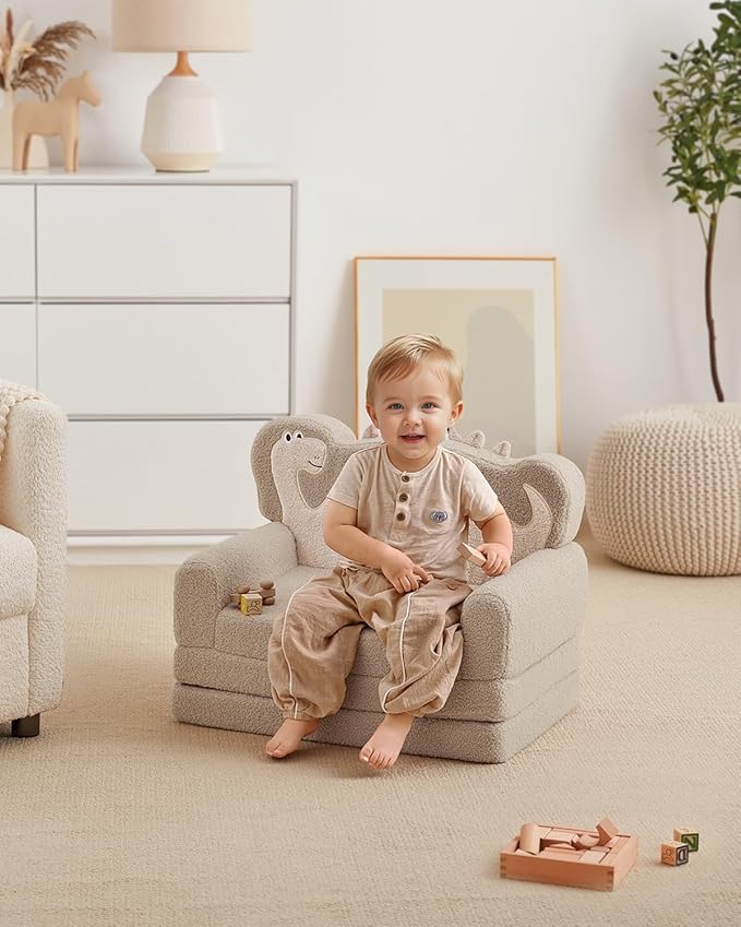 Blissful Diary Kids Couch, 2-in-1 Soft Toddler Couch Fold Out, Toddler Chair Comfy, Convertible Sofa to Lounger, Kids Furniture for Playroom, Gift for Birthday, Children's Day, Khaki Dinosaur-NeatNest