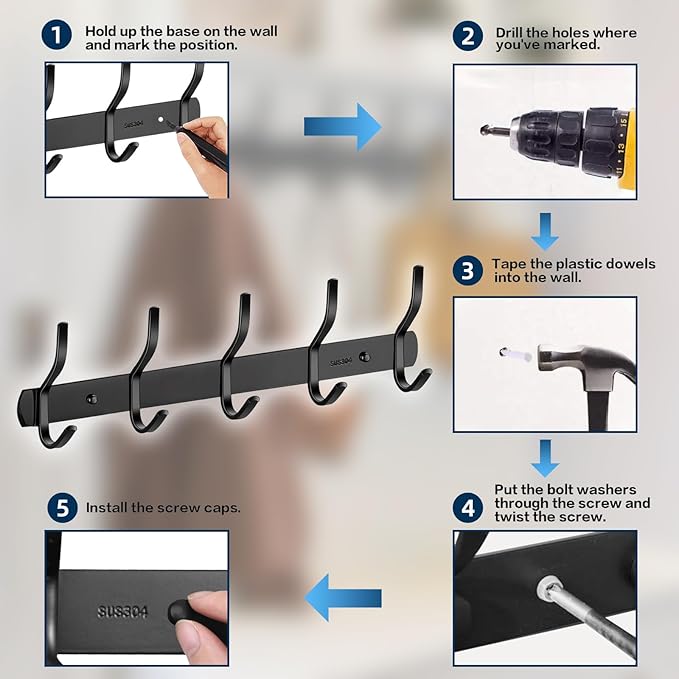 2 Pack 5 Two-Hooks Coat Rack Wall Mounted - Thickened 304 Stainless Steel Coat Hooks, 16 Inches Rustproof Hook Rack Wall Mount, Anti-Sliding Towel Hooks, Holding up to 44 lbs, Matte Black