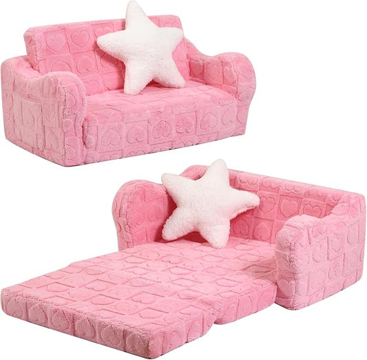 Extra Wider Seating Toddler Couch, 2-in-1 Toddler Soft Couch Fold Out with Star Pillow, Convertible Sofa to Lounger for Girls and Boys, Pink Heart-NeatNest