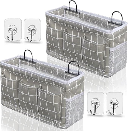 2pcs Light-Style Wall Hanging Storage Bag, Linen Fabric Door Hanging Organizer Baskets with Pockets, Waterproof Bin for Bedroom, Kitchen, Office, RV Camper (GreyGrid-2pcs)-NeatNest