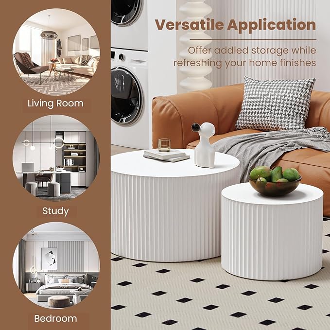 WXFKLDJ Round Nesting Coffee Table Set Cylindrical Wooden Coffee Table Sofa Center Table Circle Embossed Design Side Table for Living Room Apartment No Assembly (Round White Small)