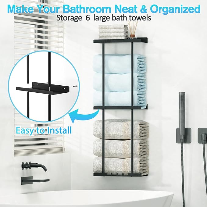 Towel Rack for Bathroom, Wall Mounted Vertical Rolled Towel Storage Organizer Holder with Shelf, Holds Up 6 Large Bath Sheets, Black Large Size