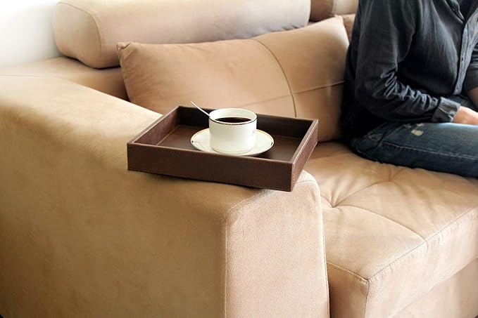 HofferRuffer Decorative Vanity Tray, Desktop Storage Organizer, Catchall Tray, Valet Tray, Nightstand or Dresser Organizer, PU Faux Leather Bathroom Tray, Brown, 10.2 x 8.4 x 1.8 inches-NeatNest