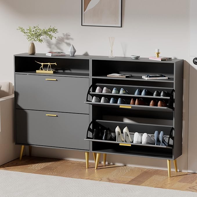 JOZZBY Shoe Cabinet for Entryway, Narrow Shoe Storage Cabinet with 2 Flip Drawers, Freestanding Hidden Shoe Rack Storage with Open Shelves for Hallway, Living Room, Set of 2, Black-NeatNest