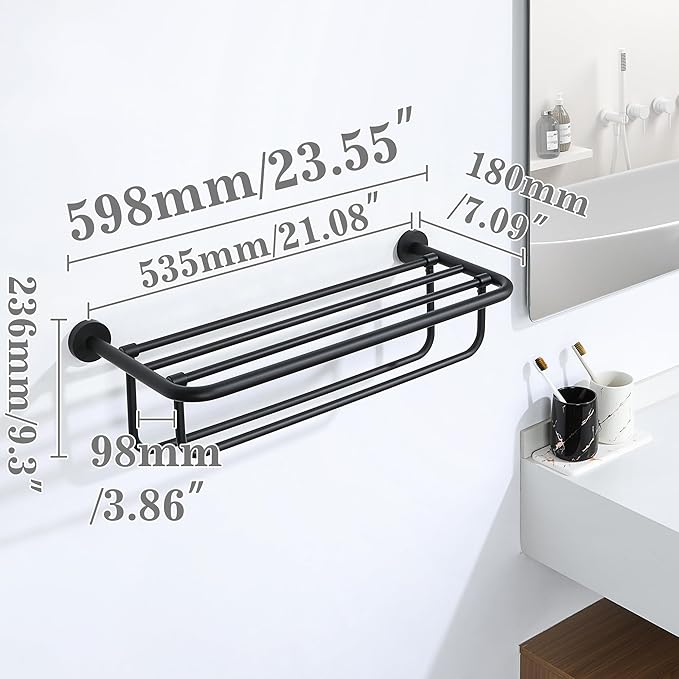 Alise Towel Rack for Bathroom,24 Inch Matte Black Towel Holder for Lavatory,Towel Hanger with Double Towel Bars for Bath Wall,Wall Mount SUS304 Stainless Steel Towel Drying Storage Shelf,GYSJ9260-B