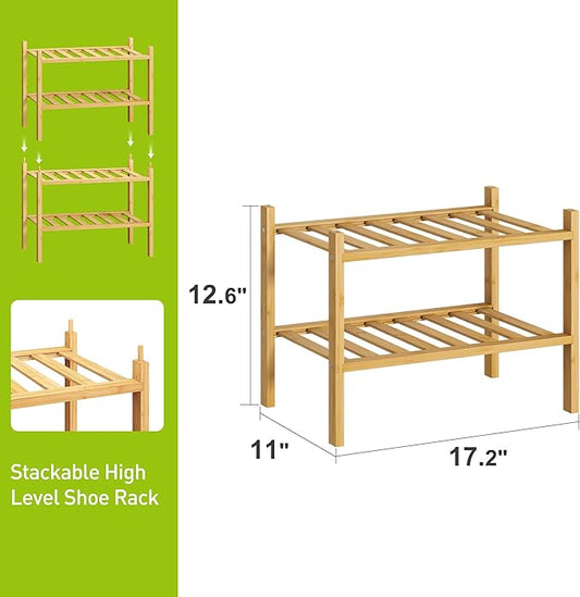 BMOSU 2-Tier Bamboo Small Shoe Rack Premium Stackable Shoe Shelf Storage Organizer for Hallway Closet Living Room Entryway Organizer (Natural Bamboo)-NeatNest