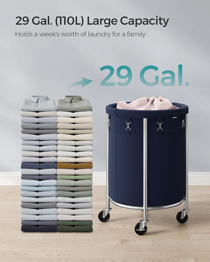 SONGMICS Laundry Basket with Casters, Rolling Laundry Hamper, 29 Gal., Round Laundry Cart with Steel Frame and Removable Bag, 4 Casters and 2 Brakes, Charcoal Blue and Metallic Silver URLS002Q01