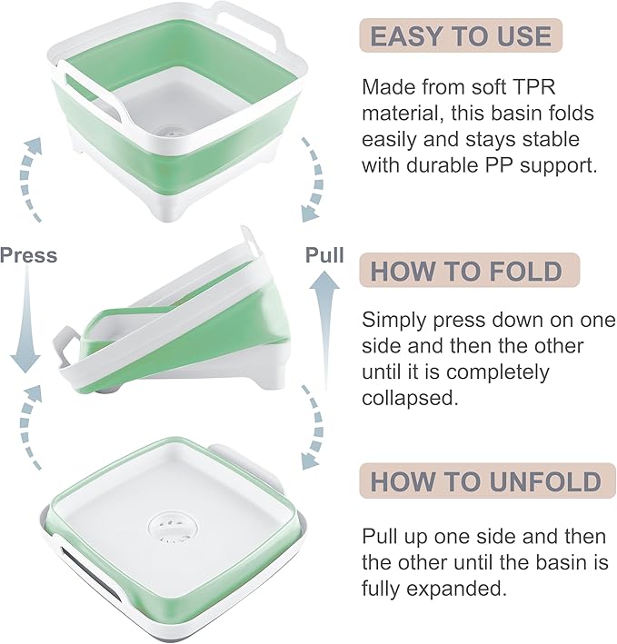 2.4 Gal(9L) Collapsible Dish Basin with Drain Plug, Space Saving Outdoor Multiuse Foldable Sink Tub, Dishpan, Kitchen Storage Tray for Camping, Vegetable Washing, RV (Green)-NeatNest