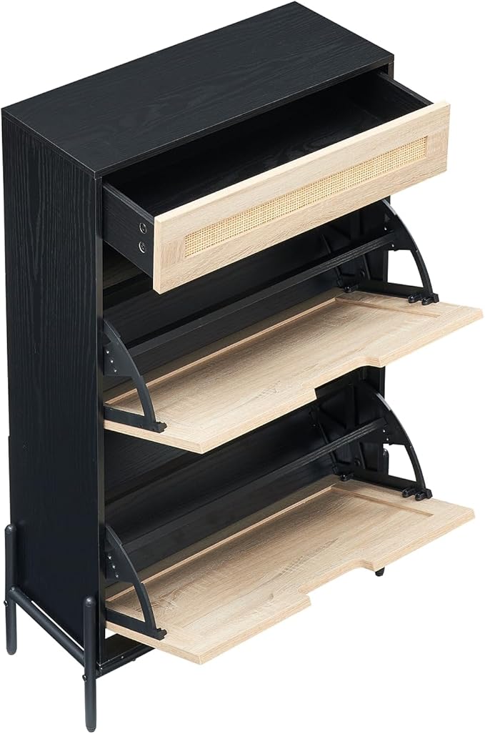 Shoe Cabinet, Shoe Rack Storage Cabinet with 2 Flip Down 1 Drawer, Natural Rattan Freestanding Shoe Cabinet Wood Organizer with 3-Tier Adjustable Shelves for Entryway Hallway Doorway-NeatNest