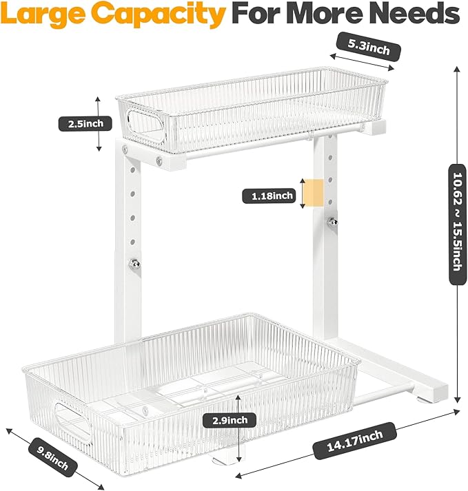 2 Pack Under Sink Organizer, 2-Tier Pull Out Cabinet Organizer, Elegant Acrylic Under Sink Storage Shelf for Kitchen Bathroom Cabinet, L-Shaped Adjustable Height for Maximum Space Efficiency-White-NeatNest
