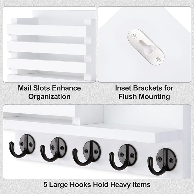 Key Holder for Wall – Decorative Wooden Mail Holder and Key Shelf with Mounting Hardware, Installation Guide – Paulownia Wood with 5 Metal Key Hooks (11.8” x 6.7” x 2.8”)
