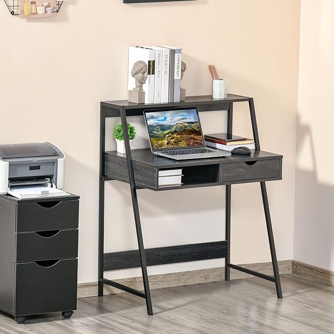 HOMCOM Home Office Desk, Computer Desk with A Frame for Small Spaces, Writing Table with Drawer and Storage Shelves, Charcoal Gray-NeatNest