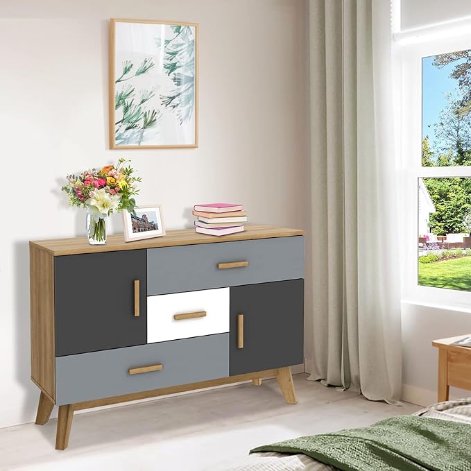 Giantex Free-Standing Floor Storage Cabinet with 2 Doors, 3 Drawers, Adjustable Shelf, Multifunctional Accent Dresser for Living Room, Entryway, 47 Inch Kitchen Sideboard