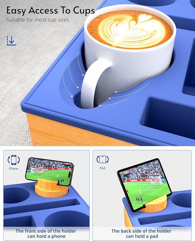Couch Cup Holder Tray - Couch Organizer Caddy, Silicone Beach Caddy with Cup Holder, Sofa and Bed Drink Holder and Couch Tray Table for Snacks Beverage Remote (Blue)-NeatNest