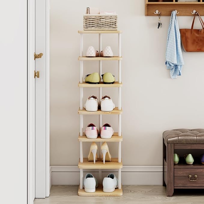 AZERPIAN Shoe Rack 7 Tier Vertical Storage Organizer Narrow Metal Slim Shelf Modern Free Standing Shoe Tower Saving Space for Closet Entryway Bedroom,White-NeatNest