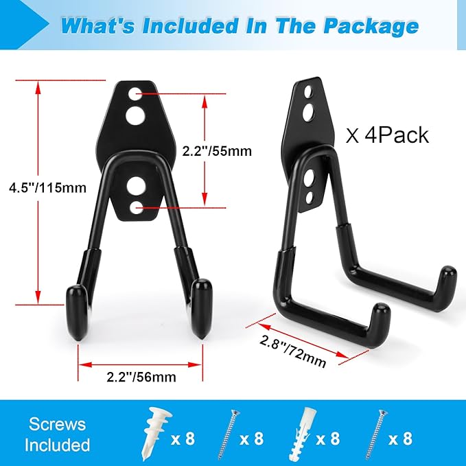 4 Pack Garage Hooks Heavy Duty - Supports 100 lbs, Utility Steel Garage Hanger & Organizer for Organizing Garden Lawn Tools, Ladders, Garden Hose, Digging Shovel, Bikes, Ropes-NeatNest