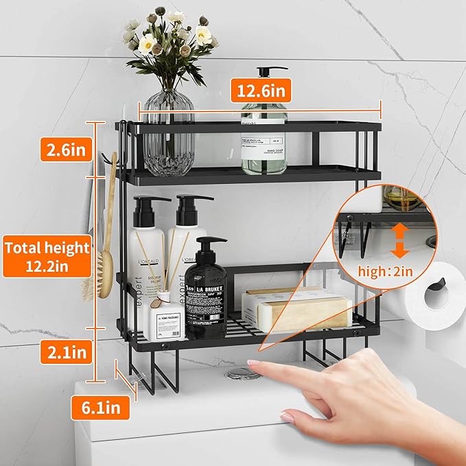 Godboat Bathroom Organizers, 2-Tier Over Toilet Storage, Floating Shelves with 2 Hooks & Paper Holder, Wall Mounted Shelf Furniture, Cool Accessories & Decor, Gifts for Women, Mothers Day (Black)-NeatNest