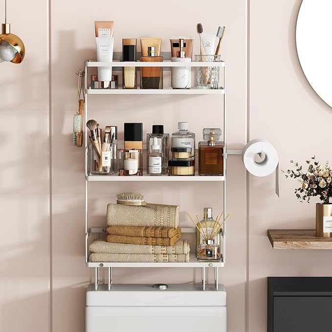 Godboat Bathroom Organizers and Storage, 3-Tier Over The Toilet Storage, Wall Shelf with Paper Holder and 2 Hooks, No Drilling Cool Decor and Home Decor, Gifts for Women, Mom, Mothers Day (White)-NeatNest