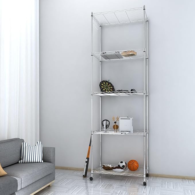 Homdox 5 Tier Steel Wire Shelving Unit on Wheels,Chrome Shelves for Garage Kitchen Living Room,Heavy Duty Shelving Rack, 23.2 x 13.8 x 72 inch (L x W x H)-NeatNest