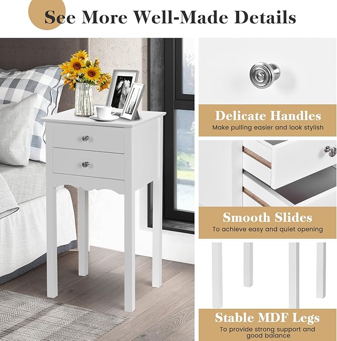 Giantex End Table w/ 2 Drawers Side Table Nightstand Multi-Purpose Accent Table Living Room Bedroom Home Furniture (1, White)