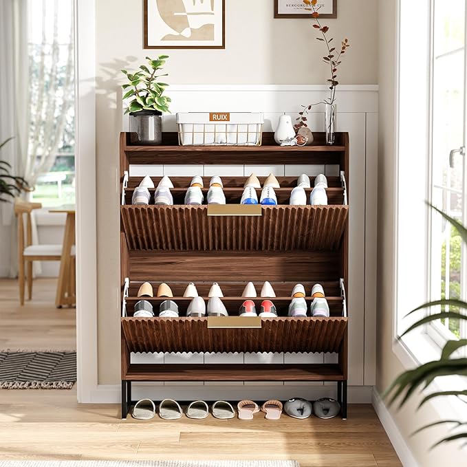 VINGLI Fluted Shoe Cabinet Storage for Entryway,Hidden Shoes Storage Cabinet with 2 Flip Drawers, Mid Century Modern Shoe Rack Organizer,Free Standing Shoes Organizer for Hallway(Dark Walnut)-NeatNest