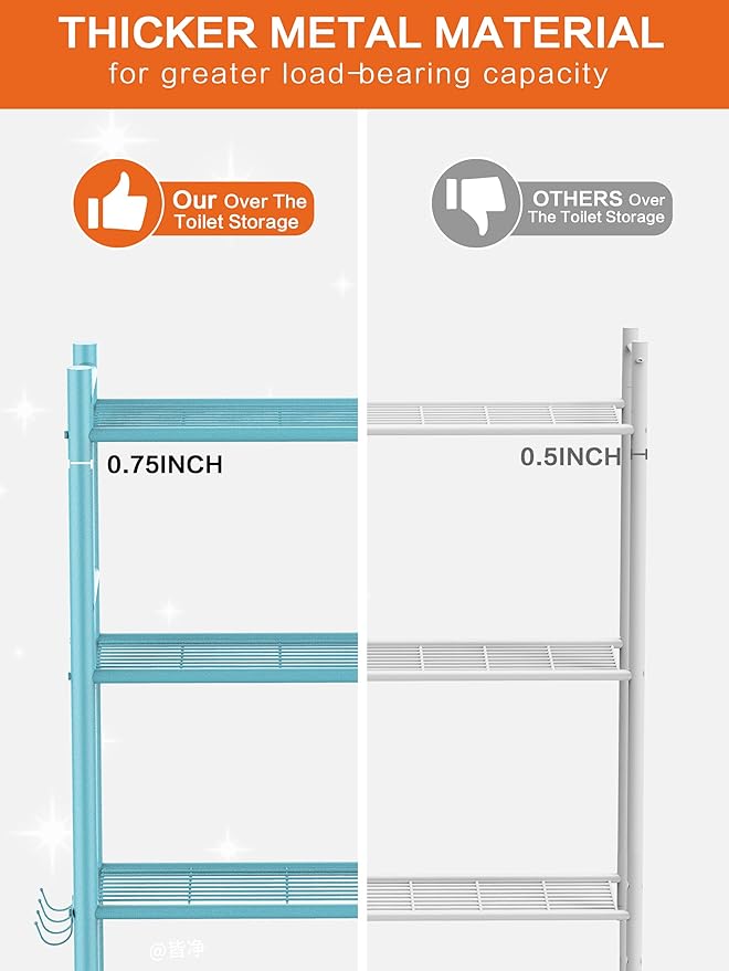3-Tier Over The Toilet Storage, Space Saver Metal Bathroom Shelves, Freestanding Above Over Toilet Storage Shelf with 4 Hooks for Bathroom, Blue-NeatNest