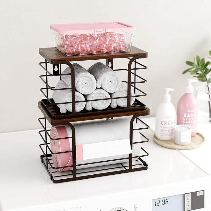 2 Pack Extra Large Pantry Baskets with Bamboo Top,Stainless Steel Trash Bag Dispenser for Kitchen Sink and Laundry Room Organization,Brown-NeatNest