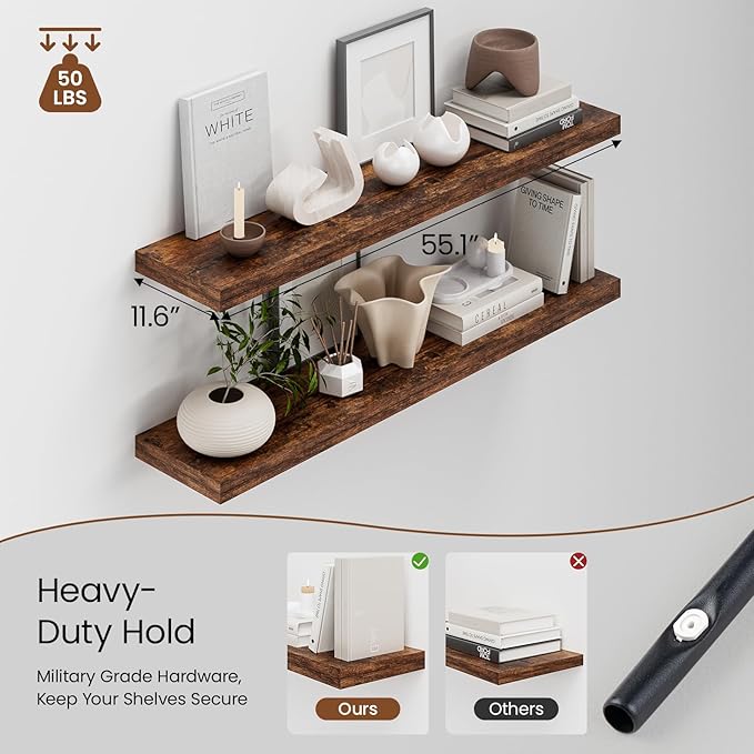 Heimlove 12 Inch Deep Floating Shelves, 55 x 12 inch Extra Long Floating Shelves for Wall, Large Display Shelf & Storage Shelf for Living Room Bedroom Kitchen Home Office, Set of 2, Rustic Brown-NeatNest