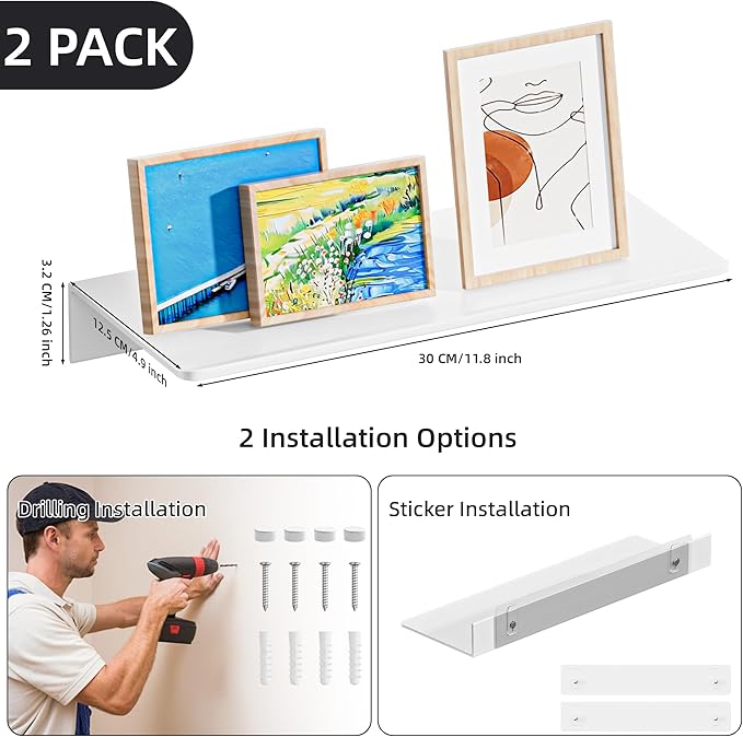Metal Floating Shelf 2-Piece Set - Rust-Resistant Aluminum Wall Shelves - No Drill Wall Mounted Shower Caddy, Ideal for Display & Storage in Any Room (11.8", White)-NeatNest