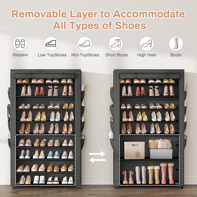 Shoe Rack with Cover, 10 Tier Shoe Organizer Storage for 40-50 Pairs Sneaker and Boots, Large Capacity, with 8 Pockets, Free Standing Tall Shoe Rack for Front Door Entrance, Closet-NeatNest
