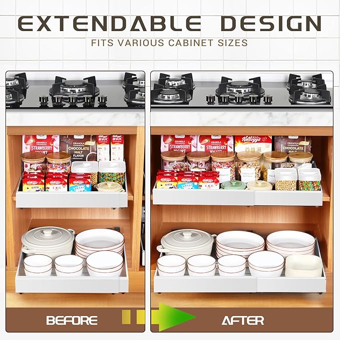 Under Sink Cabinet Organizer with Slide-Out Drawers Heavy-Duty Adjustable 12.6''-20.5'' Deep Tool-Free Adhesive & Screw Mounting, Removable Shelves for Kitchen Storage (White)-NeatNest