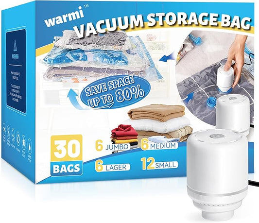 Warmi 30 Pack Vacuum Storage Bags with Electric Air Pump - Vacuum Seal Bags for Clothing Travel - Space Saver Bags for Blanket, Duvets, Pillows, Comforters, Luggage-NeatNest