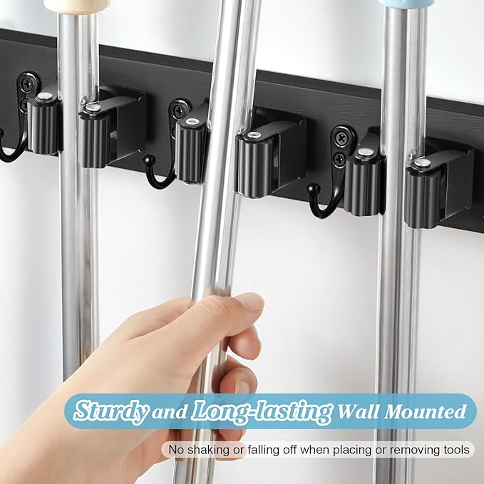 Black Broom Holder Wall Mount - Heavy Duty Wood Mop and Broom Organizer with 5 Slots & 4 Hooks - Sturdy Garden Tool Hanger for Laundry Room Closet Kitchen Garage Storage and Organization-NeatNest