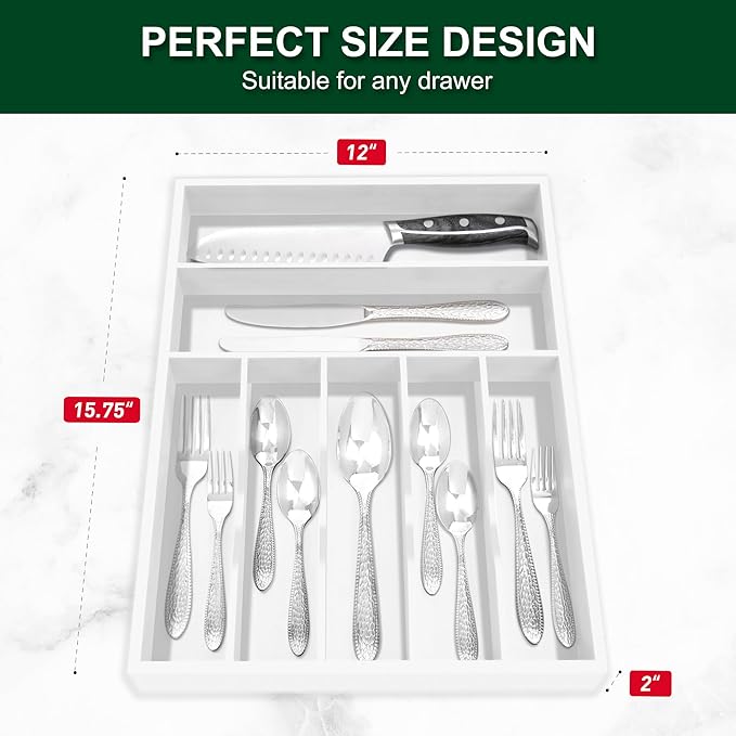 Bellsal White Utensil Organizer 12.5 Inch Silverware Tray for Drawer Utensil Holder Cutlery Organizer Kitchen Drawer Organizer 7 Compartment Small Narrow Bamboo-NeatNest