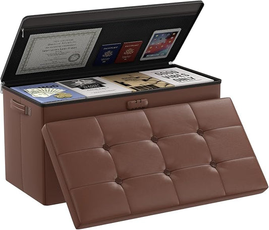 DocSafe Storage Ottoman Bench with Lock,Fireproof 30 Inches Folding Bench Foot Rest Stool Storage Chest Safe for Living Room,Bedroom,Home Office,Waterproof Leather Ottoman with Handles,Brown-NeatNest