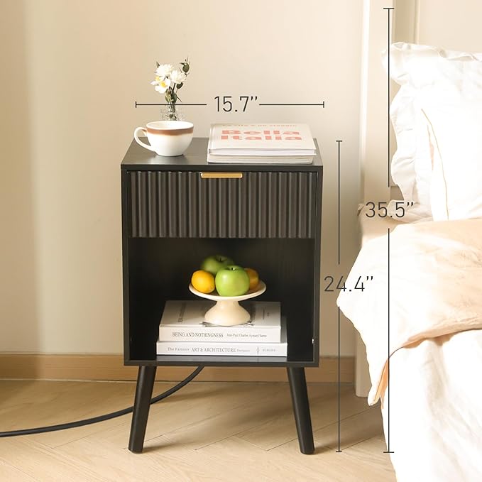 Fluted Black Nightstand with Charging Station, Mid Century Modern Bedside Table with Drawers and Outlet,Side Tables Living Room, Wooden Night Stand for Bedroom, Office (Black)