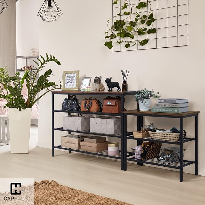 CAPHAUS 3-Tier Shoe Rack for Entryway, Mudroom Shoe Bench, Small Shoe Rack, Metal Shoe Shelf with Wood Board, Industrial Shoe Storage Table for Hallway, Living Room, Bedroom, Closet, Rustic Oak-NeatNest