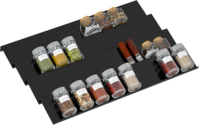 Acrylic Spice Drawer Organizer Rack Adjustable From 12 Inch to 24 Inch Wide, 4 Tier Spice Organizer Shelf for Kitchen Drawer Display, Kitchen Spice Rack Tray for Drawer-NeatNest