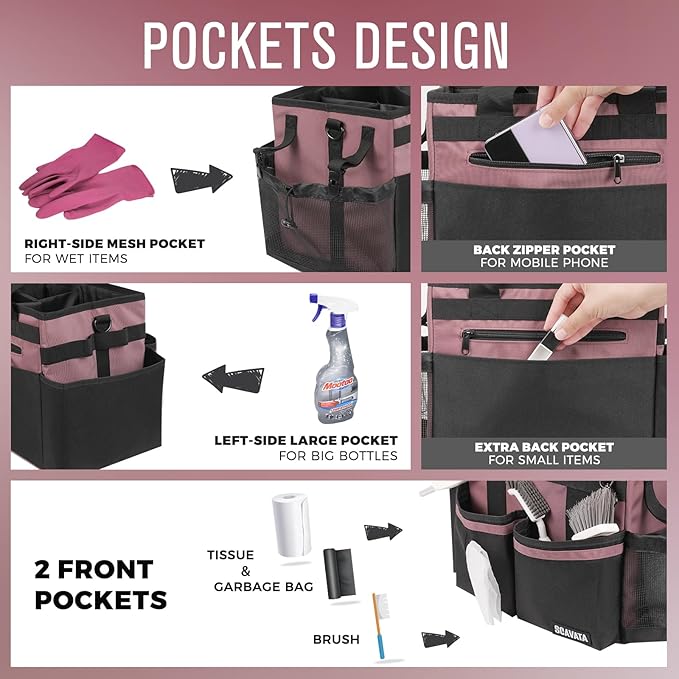 Compact Wearable Cleaning Caddy, Small Cleaning Caddy Supplies Organizer with Handle & Shoulder Straps for Housekeepers, Under Sink & Car Cleaning Tool Organizers Bag (LotusPink)-NeatNest