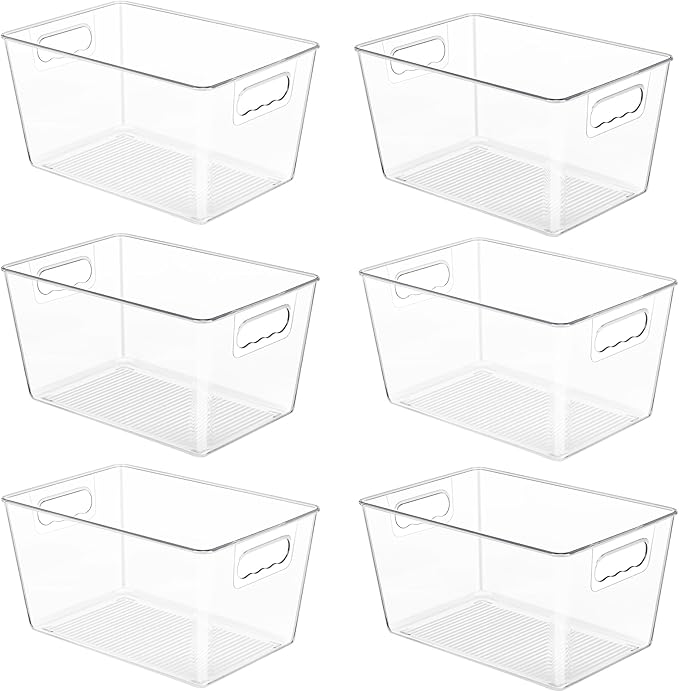 YIHONG 6 Pack Clear Pantry Organizer Bins, Plastic Containers with Handle for Kitchen,Freezer,Cabinet,Closet,Bathroom Under Sink Storage-NeatNest