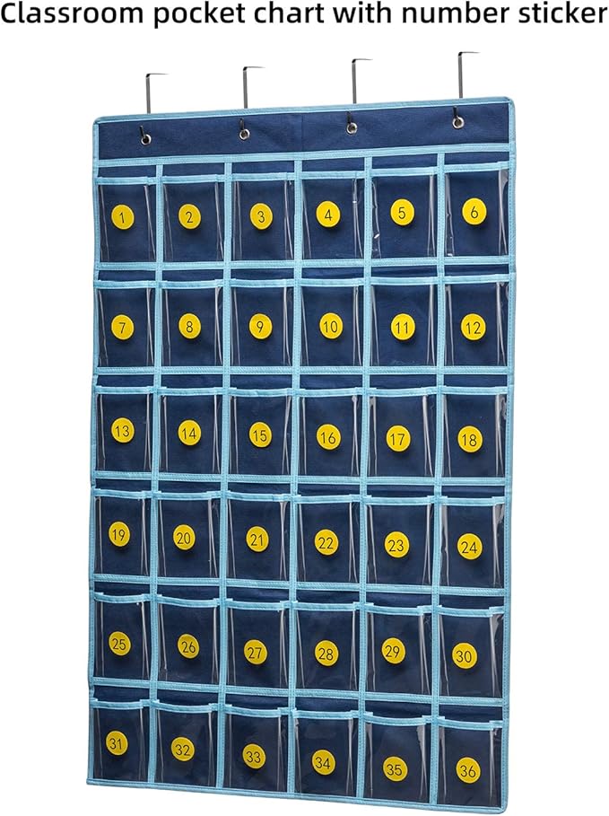 36 Clear Pockets Classroom Pocket Chart for Cell Phone and Calculator Holder, Door Hanging Pocket Chart for Classroom Phone Holder with Number Sticker and Hooks (Blue)-NeatNest