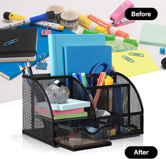Comix Mesh Pen Pencil Holder Desk Organizer, 7 Compartment Wire Desktop Pen Pencil Cup Caddy Office Supplies for Home Office School, Black-NeatNest