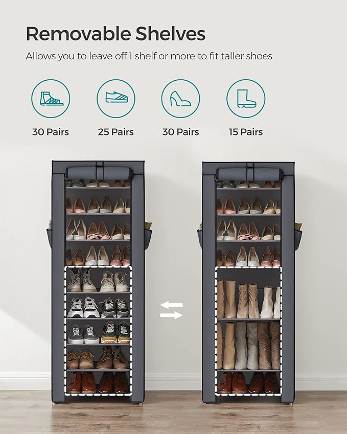 SONGMICS Shoe Rack with Non-Woven Fabric Cover, 9 Tier Storage Shelf for 27-35 Pairs of Shoes, Entryway, Suitable for Sneakers, High Heels, Flats, and Boots, Grey URXJ10G-NeatNest