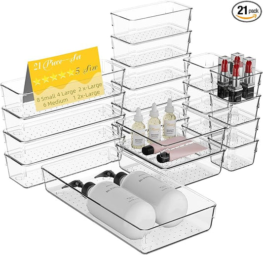 21 PCS Clear Plastic Drawer Organizer Set, 5 Sizes Acrylic Drawer Storage Trays Non Slip Storage Bins for Makeup, Jewelry, Gadgets for Kitchen, Bedroom, Bathroom, Office-NeatNest