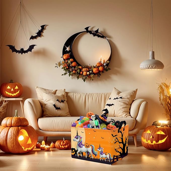 Halloween Basket Gift Cute Pumpkin Ghost Parties Decor Kid Trick or Treat Basket for Boys and Girls Rectangular Storage Bin Box (Unicorn Bat)-NeatNest